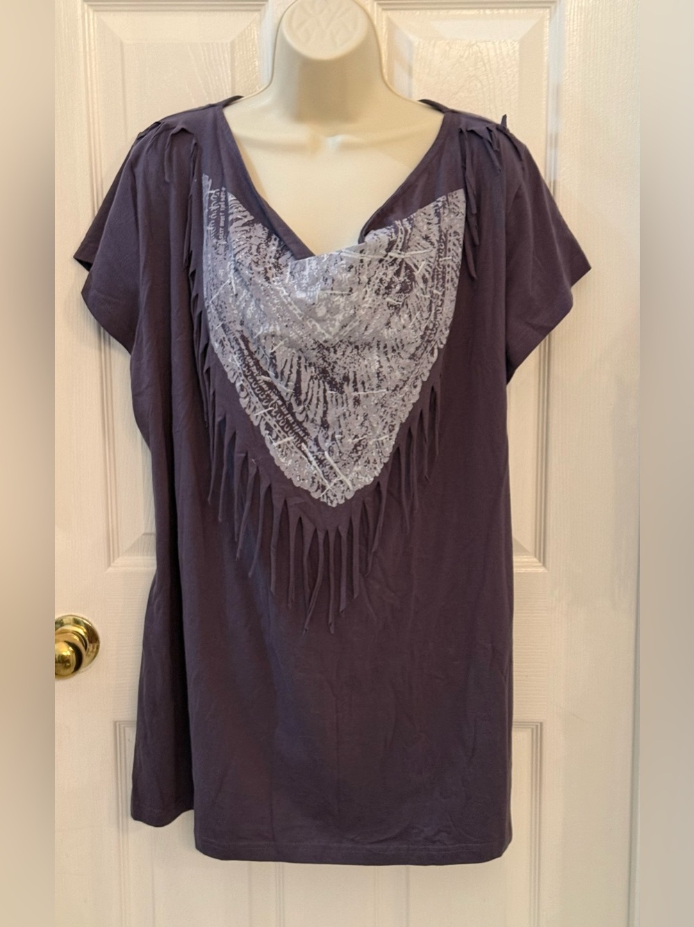 Joe Browns Faux Bandana Cowlneck Fringed Tunic blue/grey Sz 18